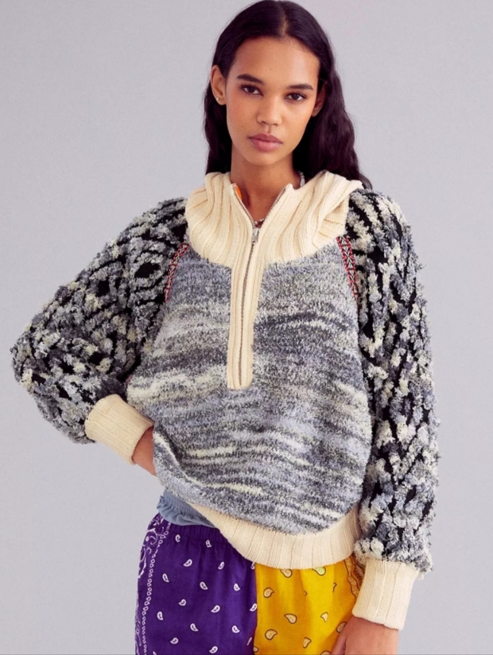 Urban Outfitters Cream & Gray Textured Half-Zip Hoodie Sweater